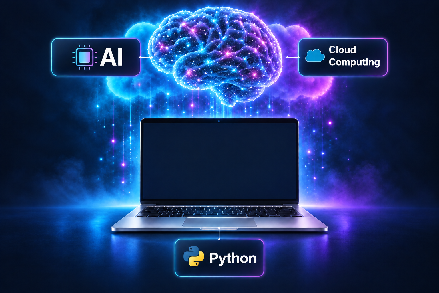 Mirrored AI and Cloud Computing glass badges flank a centered neural brain and cloud backdrop. A silver laptop and Python badge align beneath them on the center line.