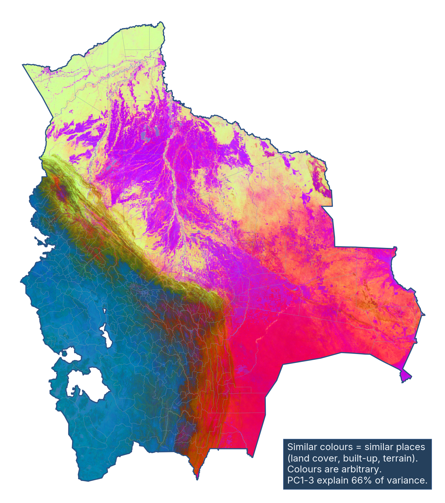 Map of Bolivia coloured from satellite embeddings: blue across the western highlands, yellow and violet across the northern Amazon, pink and red across the eastern plains.